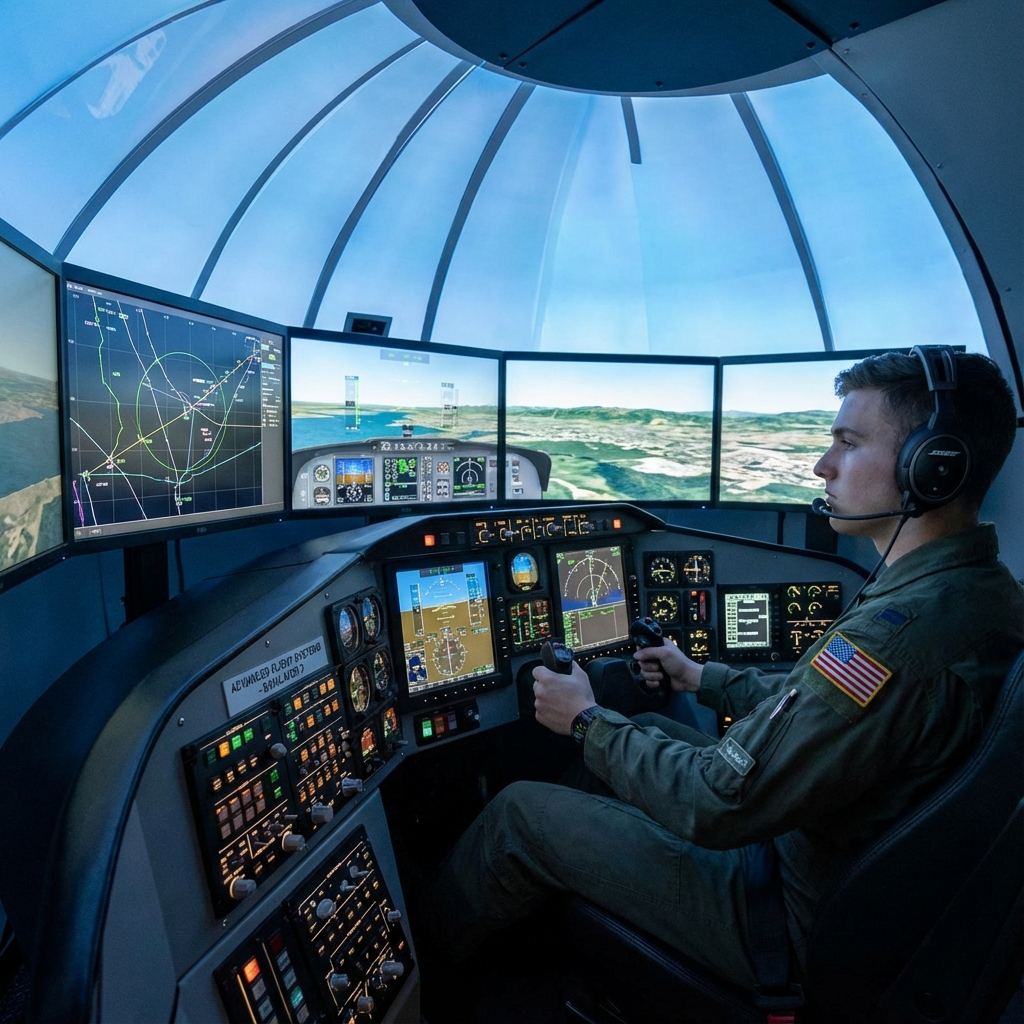Student pilot training in a flight simulator